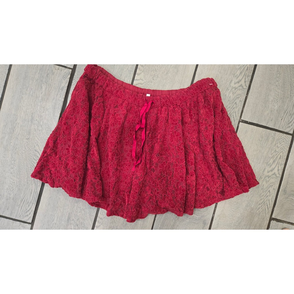 Aerie Dark Red Floral Lace Mini Skirt Elastic Waist Ribbon Detail XL